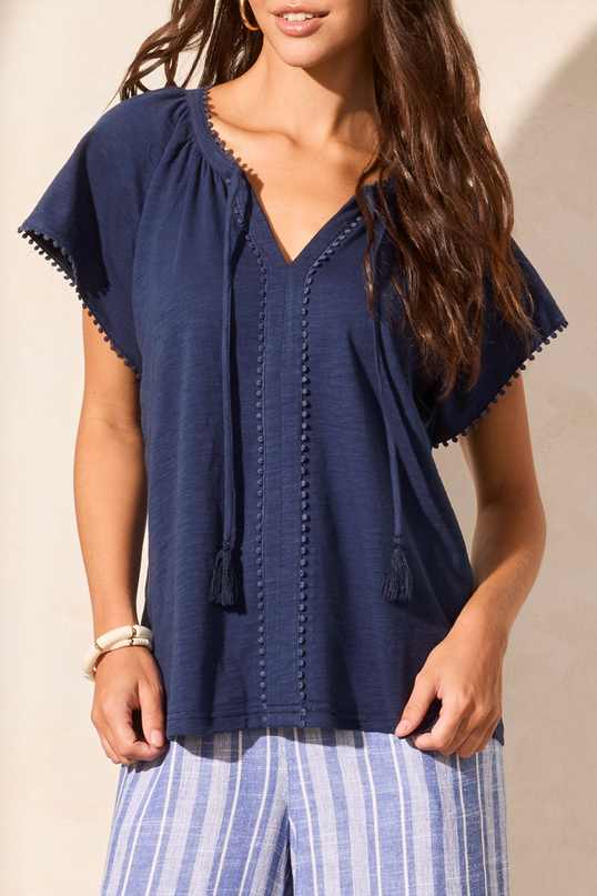 Split Neck Tassel Top